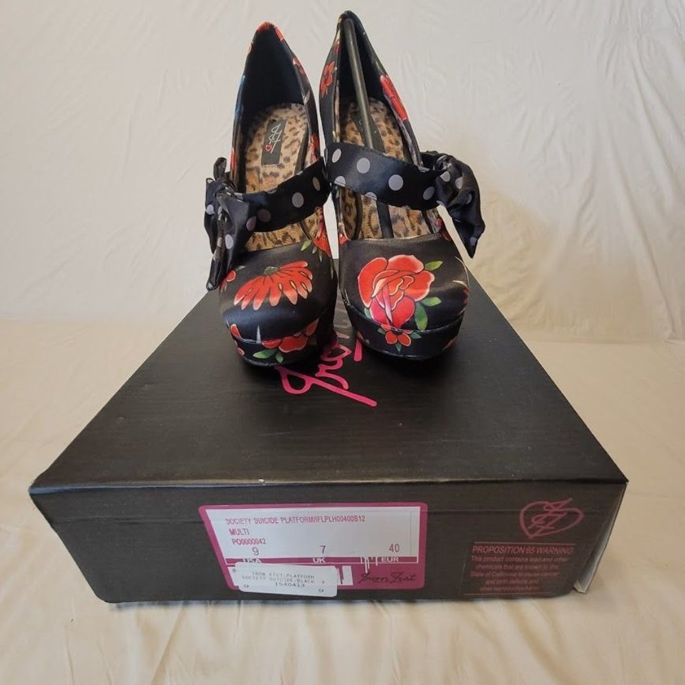 Iron Fist Society Suicide Roses Polka Dots Leopard Print Retro Rockabilly Size 9 - Picture 11 of 12
